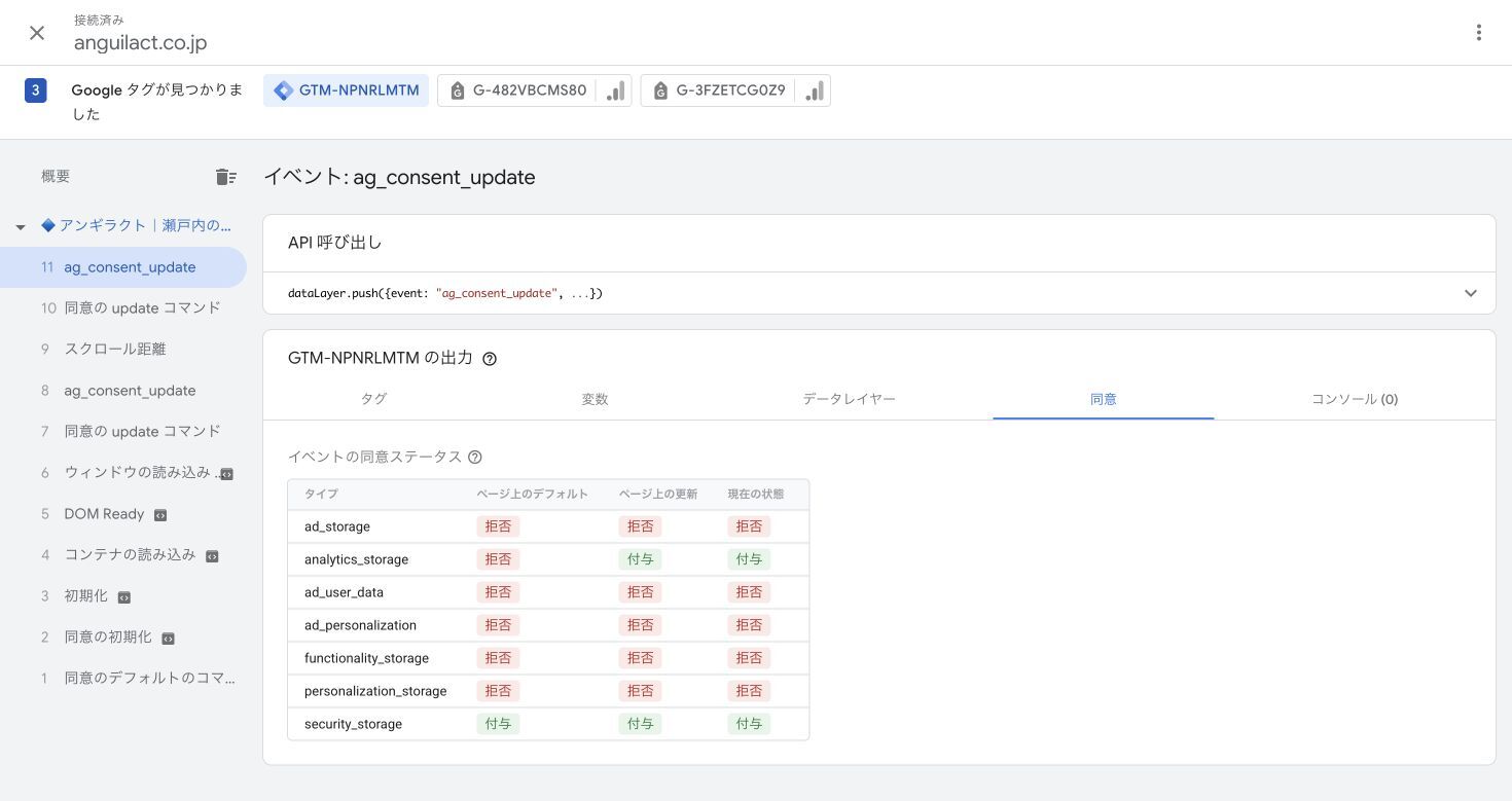 Tag Assistantの同意画面。analytics_storageだけがデフォルトの拒否から更新後の付与になり、ad_storage、ad_user_data、ad_personalizationは拒否のまま。
