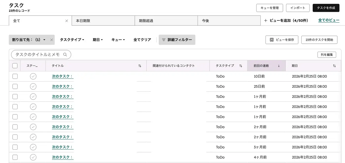 タスク一覧ページ。上部にビュータブ(全て・本日期限・期限超過など)、フィルター、テーブルが表示されている