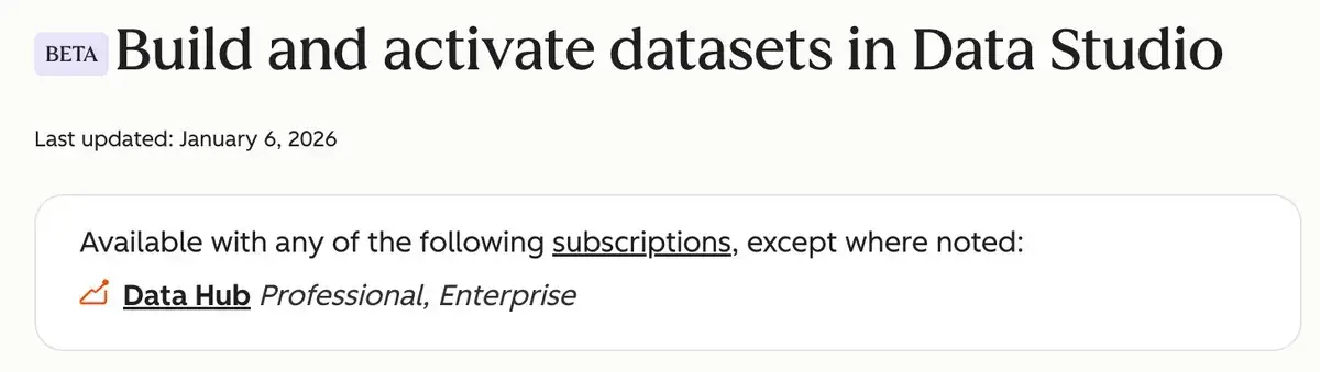 ナレッジベース「Build and activate datasets in Data Studio」のヘッダー。Data Hub Professional, Enterpriseと表記されている