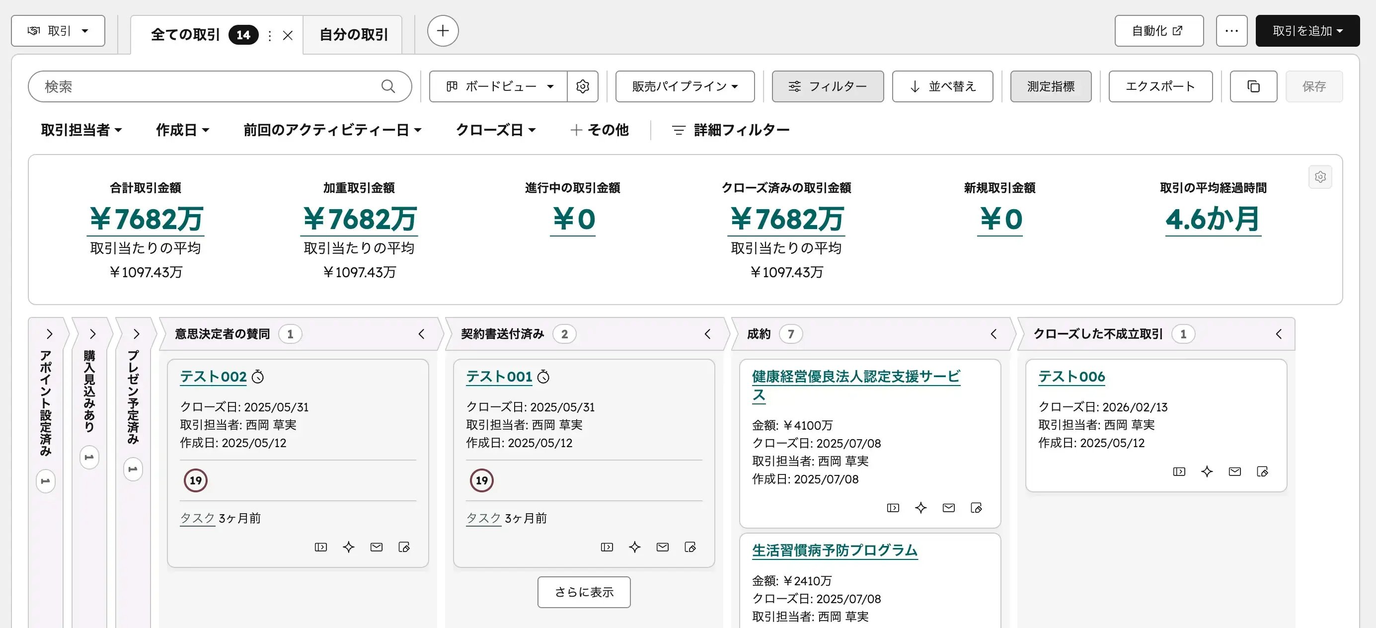 HubSpot取引ボードビュー ─ パイプラインのステージごとにカードが並ぶかんばん形式の一覧画面