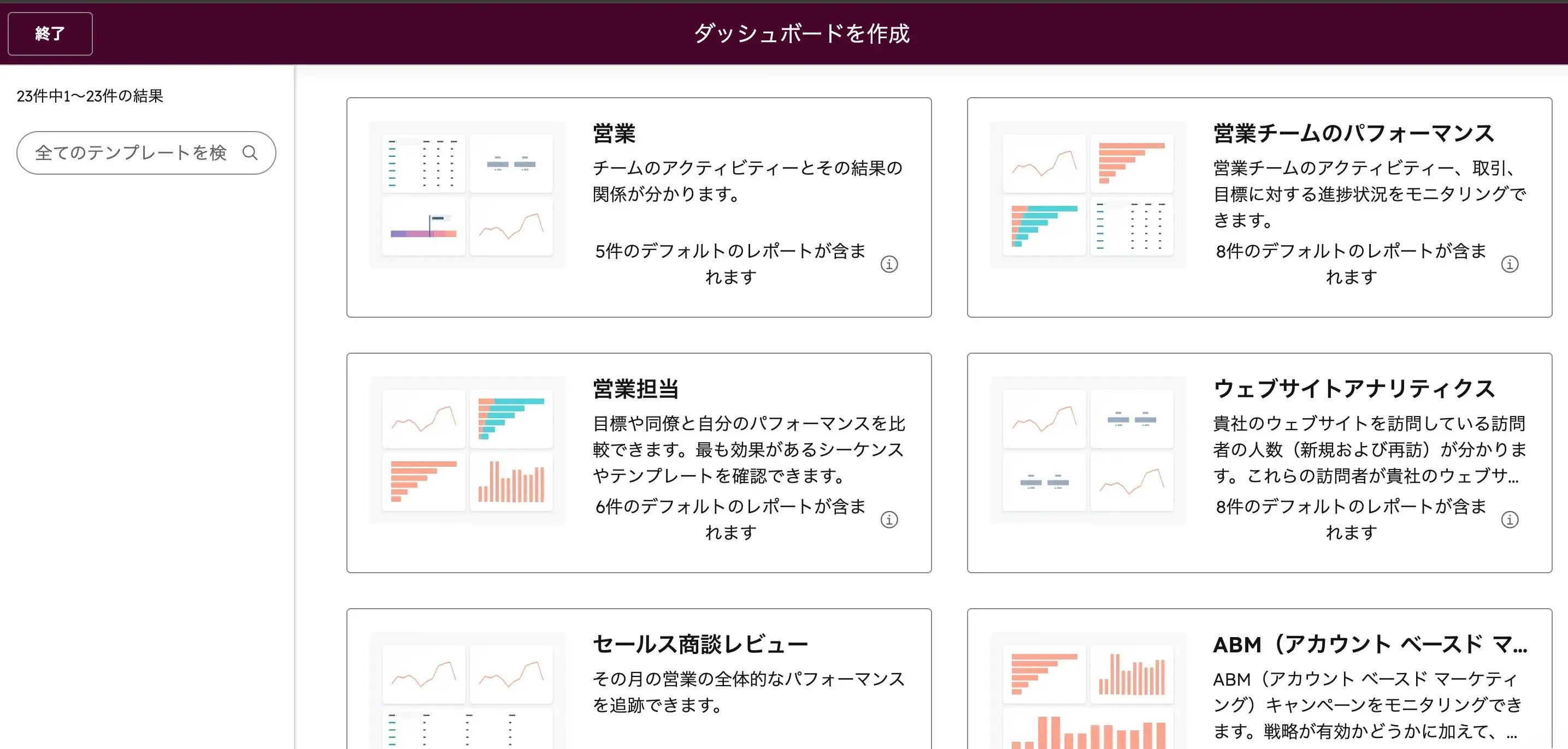 HubSpotダッシュボード作成画面 ─ 営業・営業担当・セールス商談レビューなどのテンプレート一覧