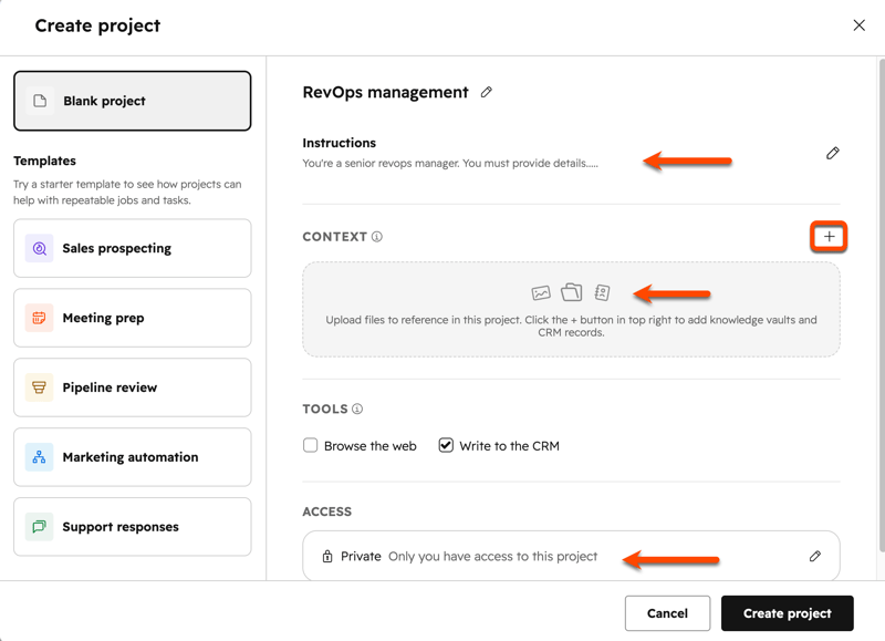 プロジェクトの設定例。画像では「Write to the CRM」が選択されています。初期値や全アカウント共通の状態を示すものではありません。HubSpot公式KB掲載画面。