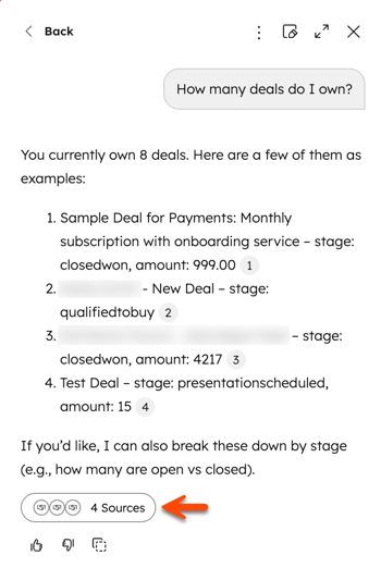 回答の「Sources」から参照情報を確認する画面。HubSpot公式KB掲載画面。
